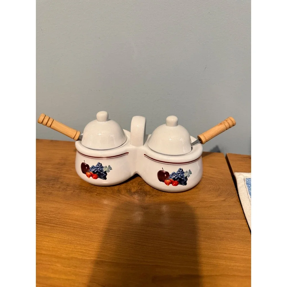 Houston Harvest Ceramic Double Condiment Server Fruit Motif with Spoons 1812FY06